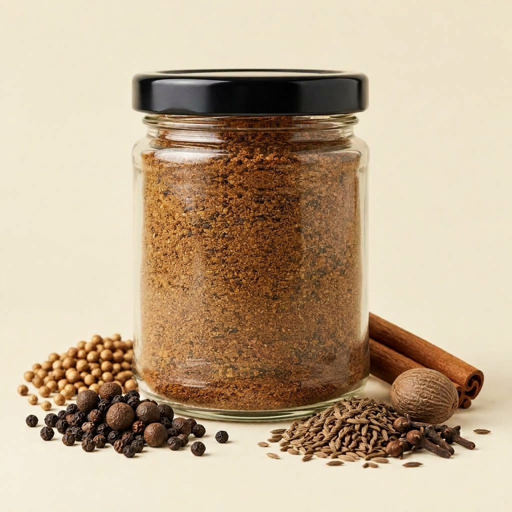 A clear glass jar filled with brown ground spice blend and topped with a black lid, styled with whole peppercorns, coriander seeds, cinnamon sticks, and a nutmeg on a warm cream background.
