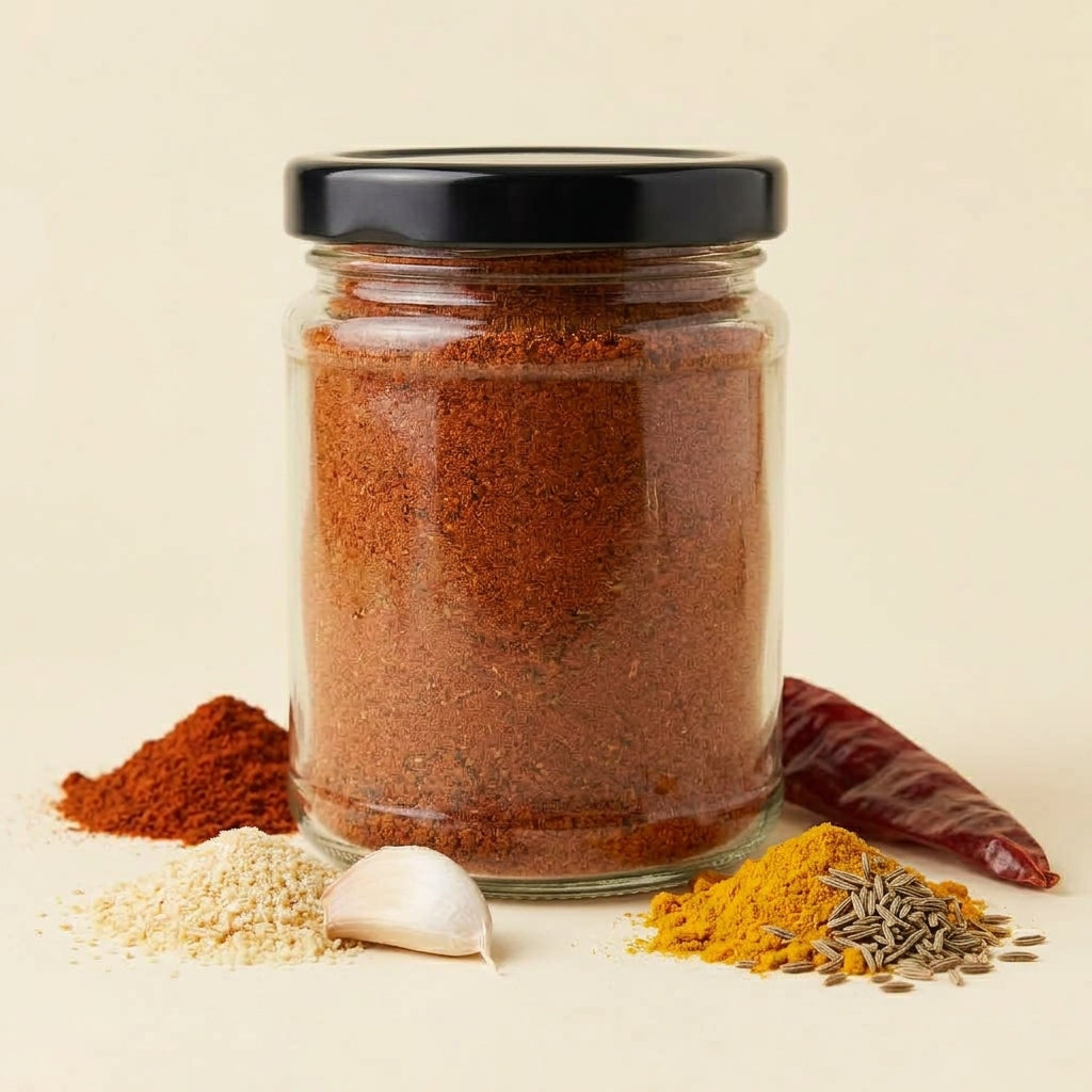 A clear glass jar filled with reddish-brown ground spice blend and topped with a black lid, styled on a light beige background with loose chili powder, garlic, turmeric, cumin seeds, and a dried red chili.