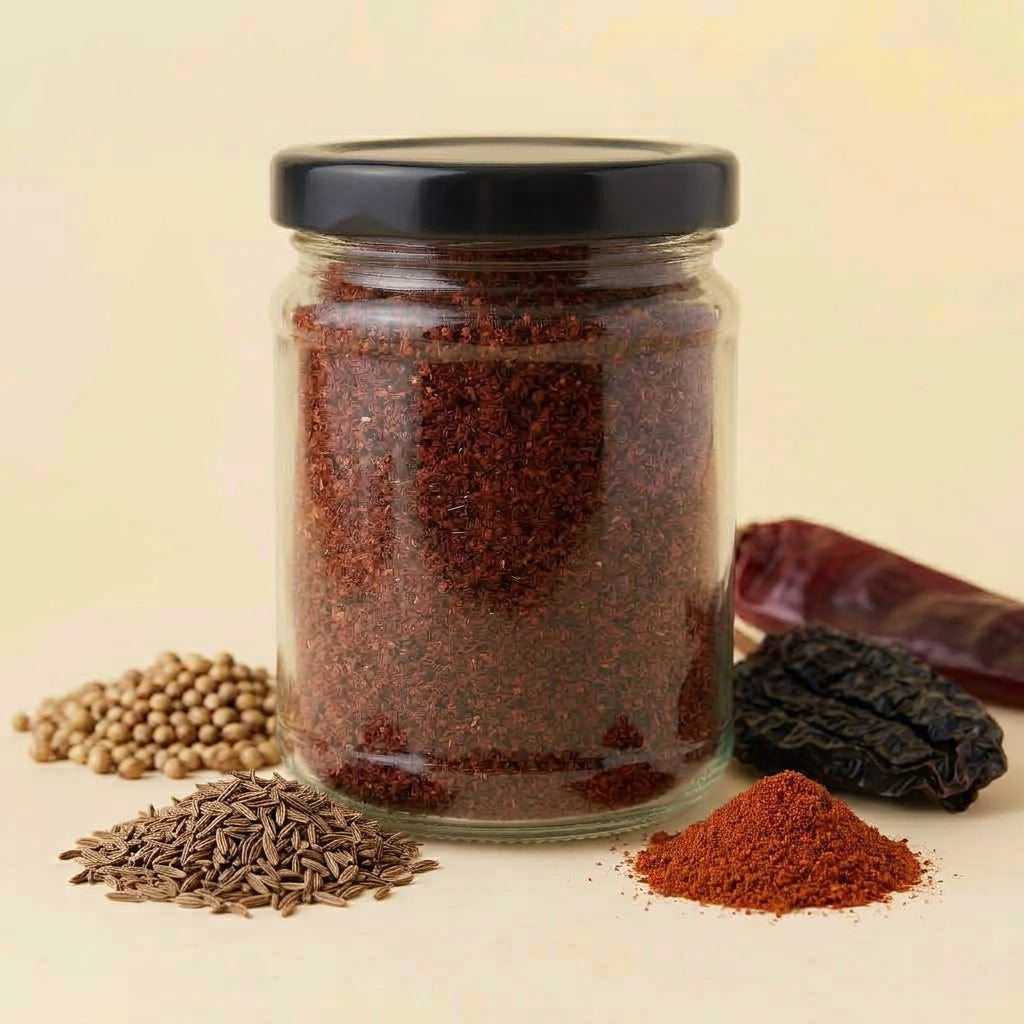 A clear glass jar filled with reddish-brown ground spice or chili powder, with a black lid, photographed on a warm cream background. Small piles of whole spices and dried red chilies are arranged around the base of the jar.