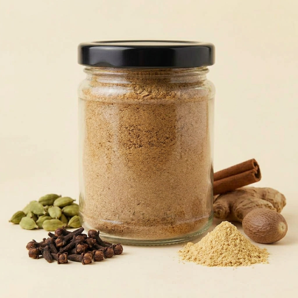 A clear glass jar filled with a light brown ground spice blend and topped with a black lid, styled with whole spices including cinnamon sticks, cardamom pods, cloves, ginger root, and a small pile of the spice powder on a warm cream background.