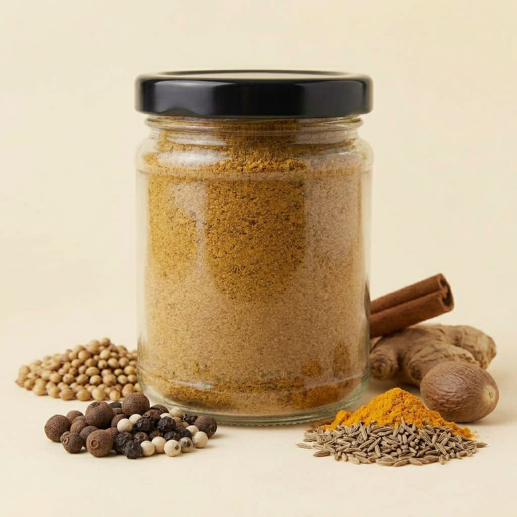 A clear glass jar filled with a brown spice blend and topped with a black lid, styled on a light beige background with whole spices and ingredients including cinnamon sticks, turmeric powder, coriander seeds, peppercorns, and ginger roots.