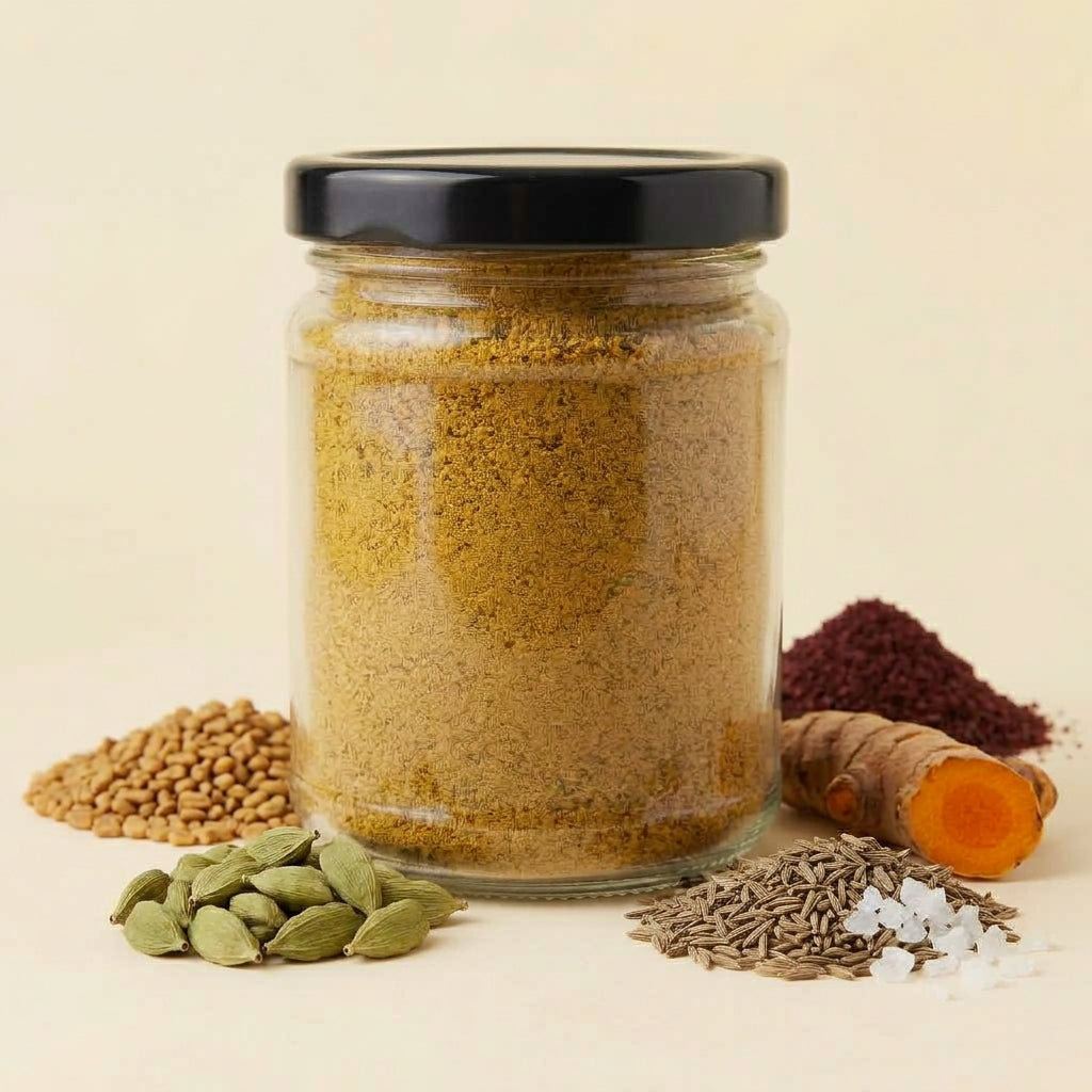 A clear glass jar filled with a golden-brown powder, sealed with a black lid, and styled with whole spices and ingredients including turmeric root, cardamom pods, cumin seeds, and a dark red spice pile on a warm cream background.