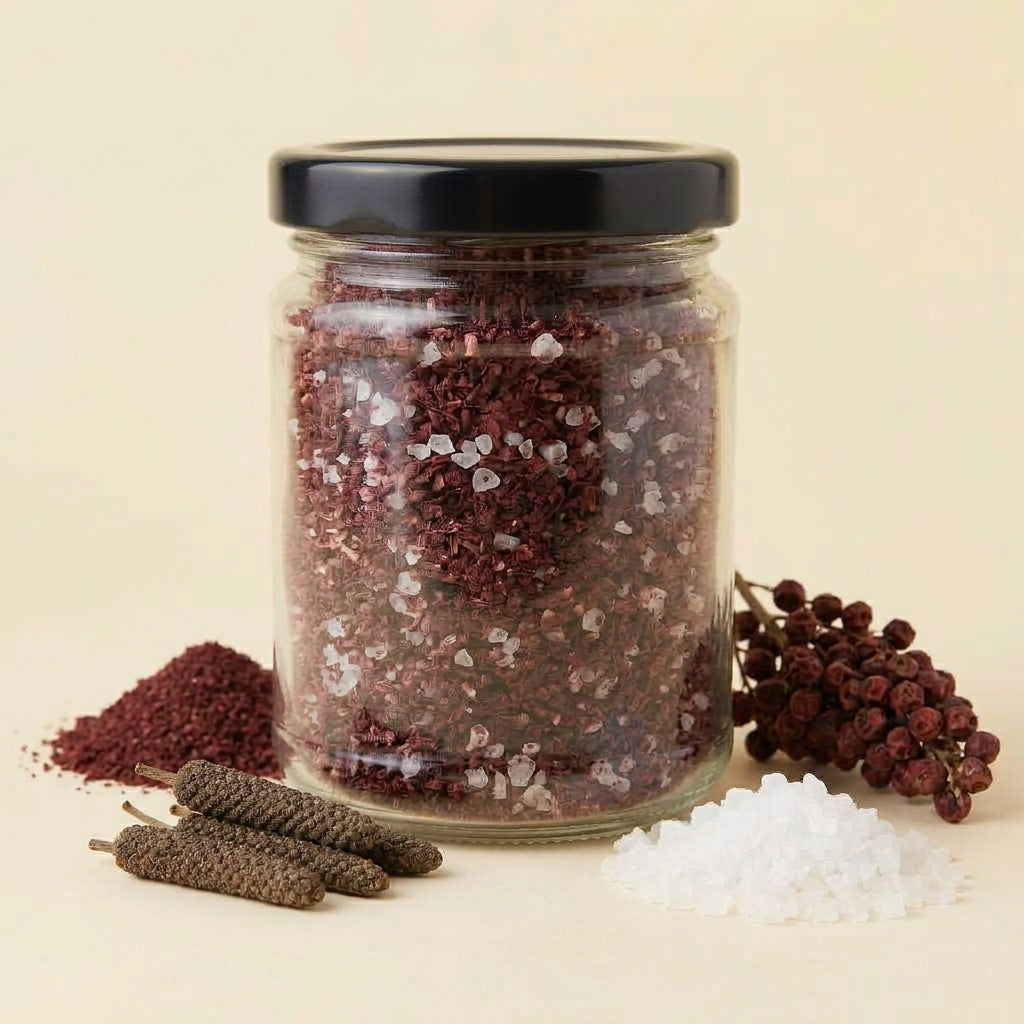 A clear glass jar filled with coarse dark red and white salt crystals, topped with a black lid, styled on a warm beige background with loose red salt, white salt, and small brown flower buds around it.