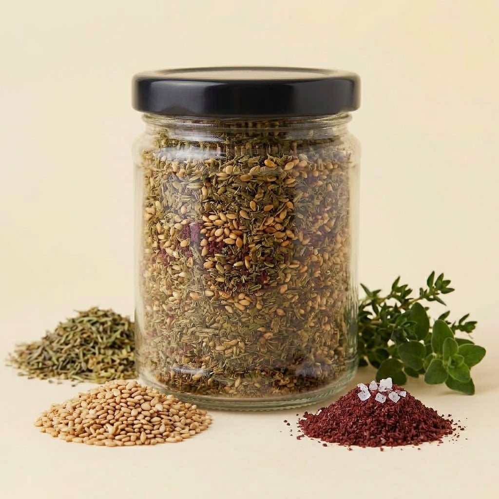 A clear glass jar filled with a dried herb and spice blend, topped with a black lid, set on a light beige background with small piles of the loose ingredients and fresh green herbs around it.
