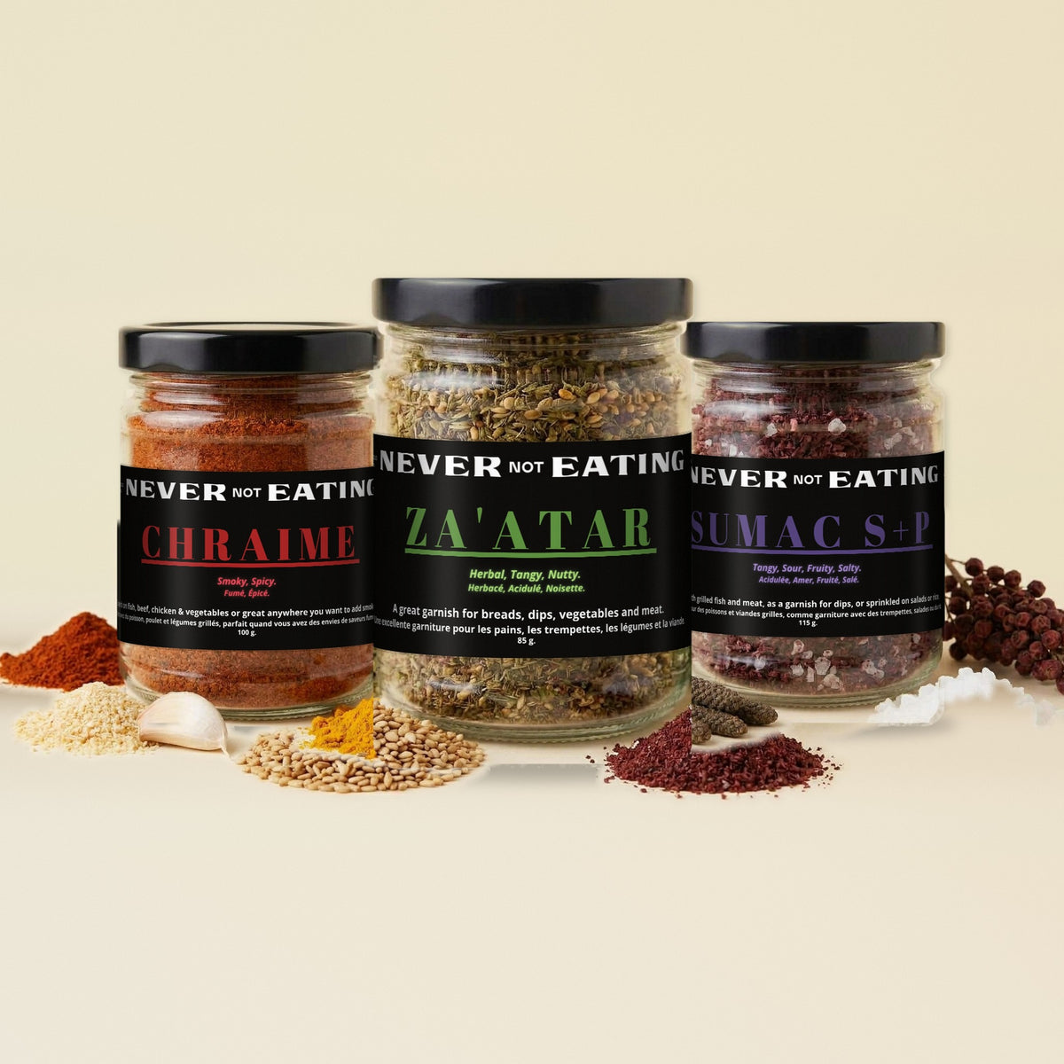 Never Not Eating Brunch Club Trio: Chraime, Za'atar and Sumac S&P spice jars on a cream table with whole spices